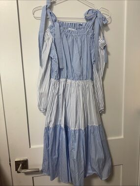 Line & Dot Blue and White Striped Tiered Dress with Shoulder Ties